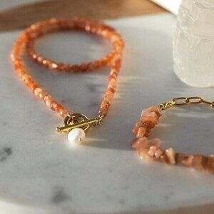Peach Sunstone Gemstone Bead Necklace Gold Toggle Clasp Removable Baroque Pearl